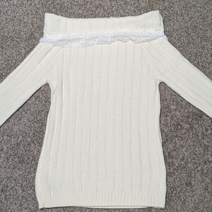 Off-Shoulder Lace Trim Ribbed Sweater - Cream